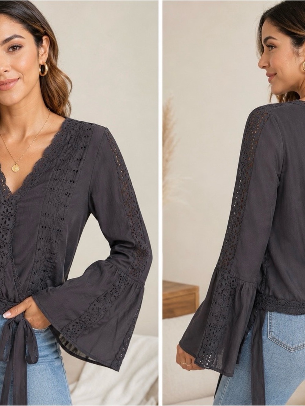 American Eagle Outfitters Dark Gray Crochet Tie-Front Blouse